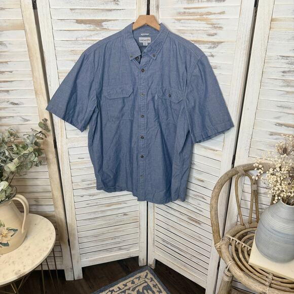 CARHARTT Men's 2XL Relaxed Fit 100% Cotton Short Sleeve Button Down Shirt Blue - Picture 3 of 7